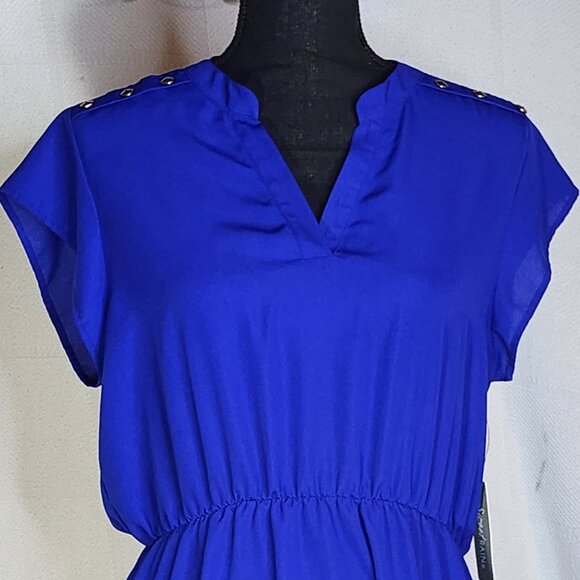 Sweet Rain Blue SS V Neck Poly Silver Button Shoulder Peplum Midi Dress Jr Sz L - Picture 2 of 16